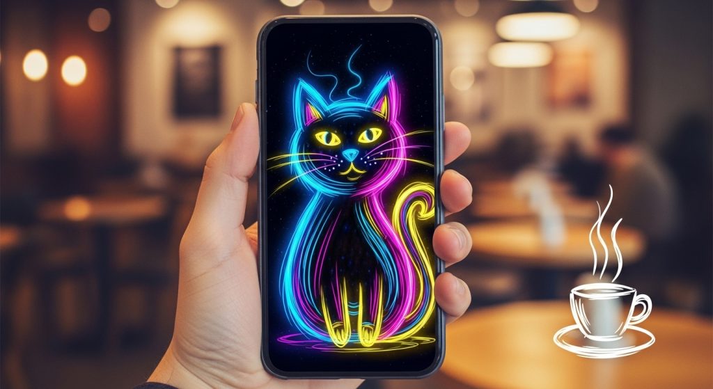 White Background with Doodle Cats: A Minimal Aesthetic for Cat Lovers 7 Hand holding a phone with doodle cat wallpaper glowing, cozy coffee shop background blurred, realistic, 2:3 ratio.