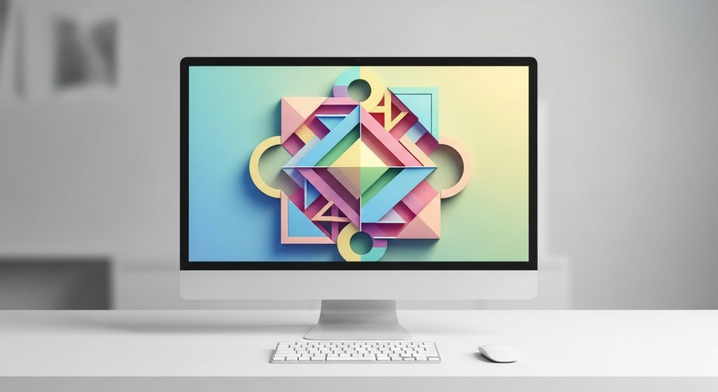 Aesthetic Wallpaper 4K for PC | Stunning Ultra HD Desktop Backgrounds 6 : Clean white desk with a PC screen showing a pastel geometric abstract 4K wallpaper.