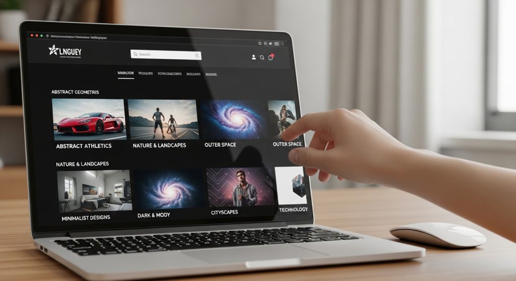 Aesthetic Wallpaper Background Man Bold & Stylish HD Looks 13 t: Laptop screen browsing a wallpaper site with different masculine wallpaper categories visible.