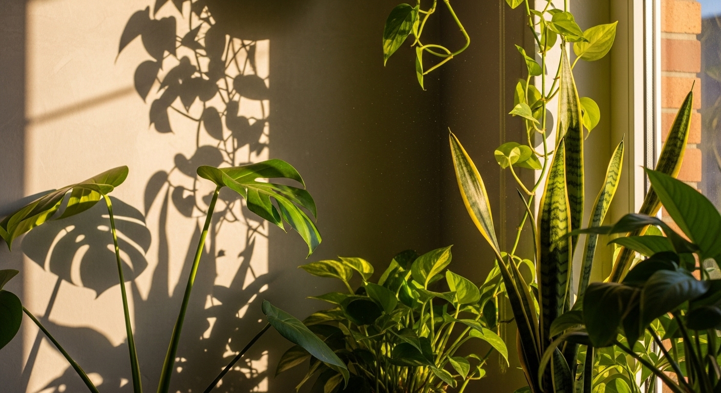 Aesthetic iPhone wallpaper showing sunlight through window plants with soft natural shadows.