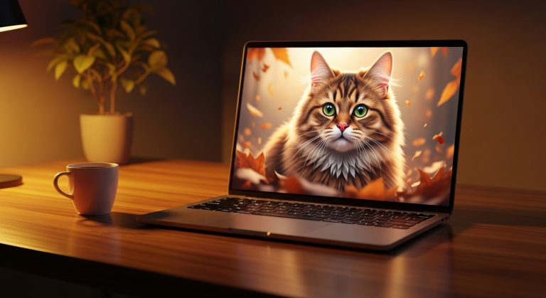 “Laptop on wooden desk with aesthetic brown cat wallpaper and cozy warm lighting.”