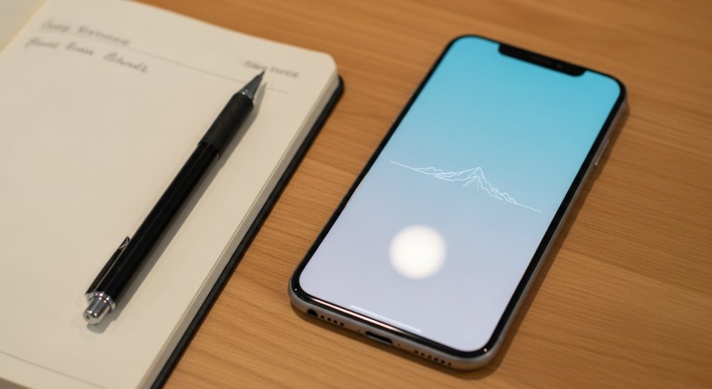 : A close-up of a smartphone with a sleek minimalist wallpaper, lying on a clean desk with only a notebook and pen beside it.