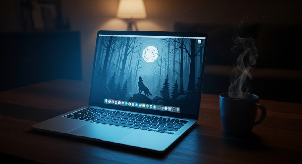 Aesthetic Wallpaper Background Man Bold & Stylish HD Looks 14 Laptop glowing in a dim room with a bold masculine wallpaper, coffee mug beside it.