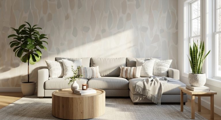 Modern living room with an aesthetic wallpaper background wall in soft neutral tones, paired with a cozy sofa, plants, and natural sunlight.