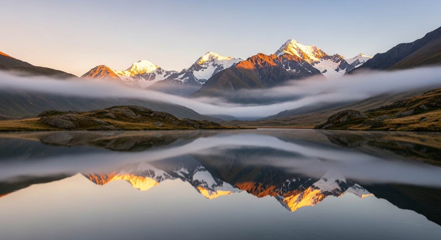 A breathtaking mountain landscape with soft sunlight and misty peaks, captured in a calm and majestic style, perfect as an aesthetic wallpaper background.