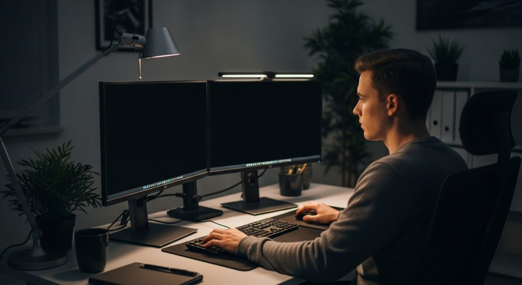 Aesthetic Black Wallpapers for PC | Minimalist & Stylish Desktop Backgrounds 7 Dual-monitor workspace using black wallpapers for better productivity.
