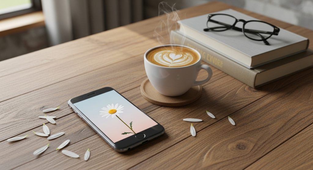 Aesthetic Flower Wallpapers Best Floral Backgrounds for iPhone & Android 4 A flat lay of a smartphone screen with a minimalist daisy wallpaper, placed next to books and coffee on a cozy desk.