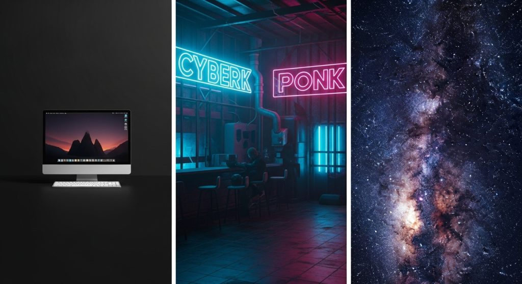 Aesthetic Black Wallpapers for PC | Minimalist & Stylish Desktop Backgrounds 8 Comparison of three PCs with different black wallpaper styles.