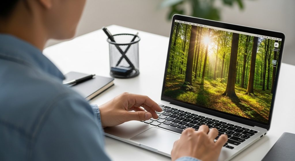 Brings Outdoor Serenity to Your Digital Space: Aesthetic Wallpapers 10 User setting aesthetic forest wallpaper for outdoor serenity indoors.