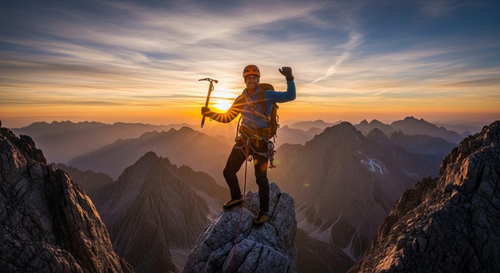 t: A powerful wallpaper of a lone climber standing on top of a mountain peak with a sunrise in the background.