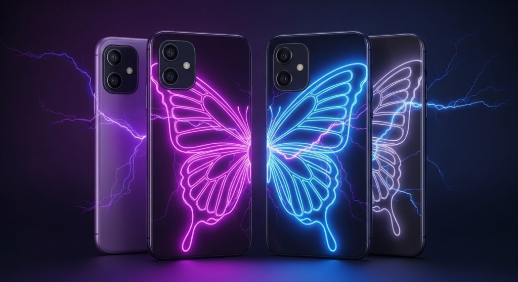 Beautiful Butterfly Aesthetic Wallpapers for iPhone Lovers 3 A flat lay of multiple iPhones displaying aesthetic butterfly wallpapers in different styles – dark, pastel, neon, and minimal.