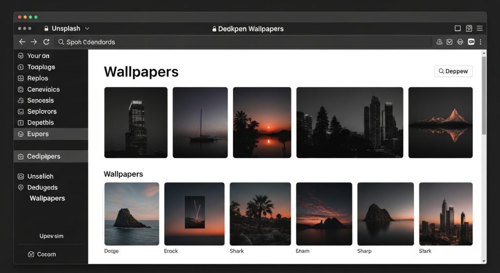 Dark Aesthetic Wallpaper Backgrounds for PC | Minimal & Stylish Desktop Designs 10 A browser open on Unsplash with a gallery of dark aesthetic wallpapers, showing clean and sharp designs for desktop.