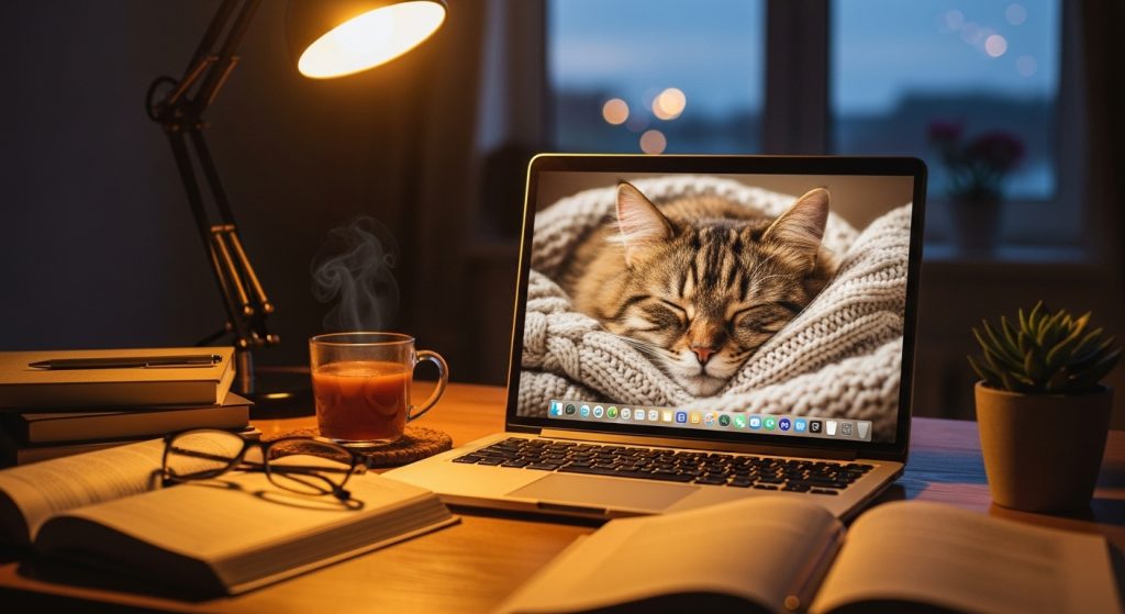 Style Your Screen with Aesthetic Brown Cat Wallpapers 11 “Laptop wallpaper of a brown cat in cozy evening study room.”