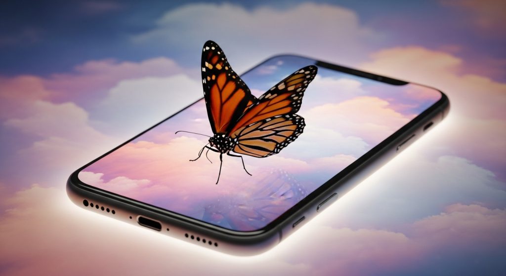 Beautiful Butterfly Aesthetic Wallpapers for iPhone Lovers 4 A vibrant monarch butterfly on a glowing iPhone screen, surrounded by abstract clouds and dreamy light.