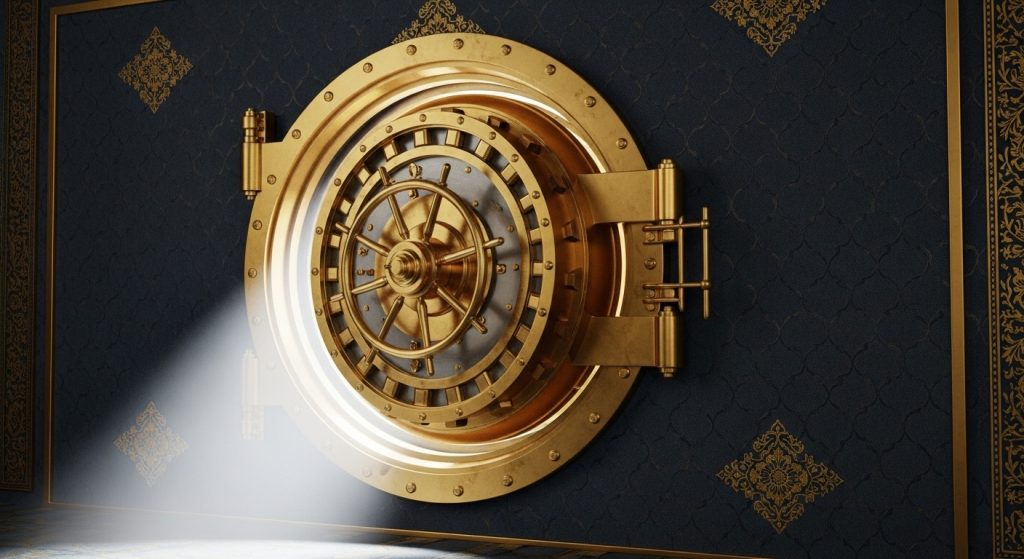 Money Aesthetic Wallpaper Background Luxury & Wealth Vibes in HD 14 Elegant wallpaper showing a golden vault door opening with light spilling out.
