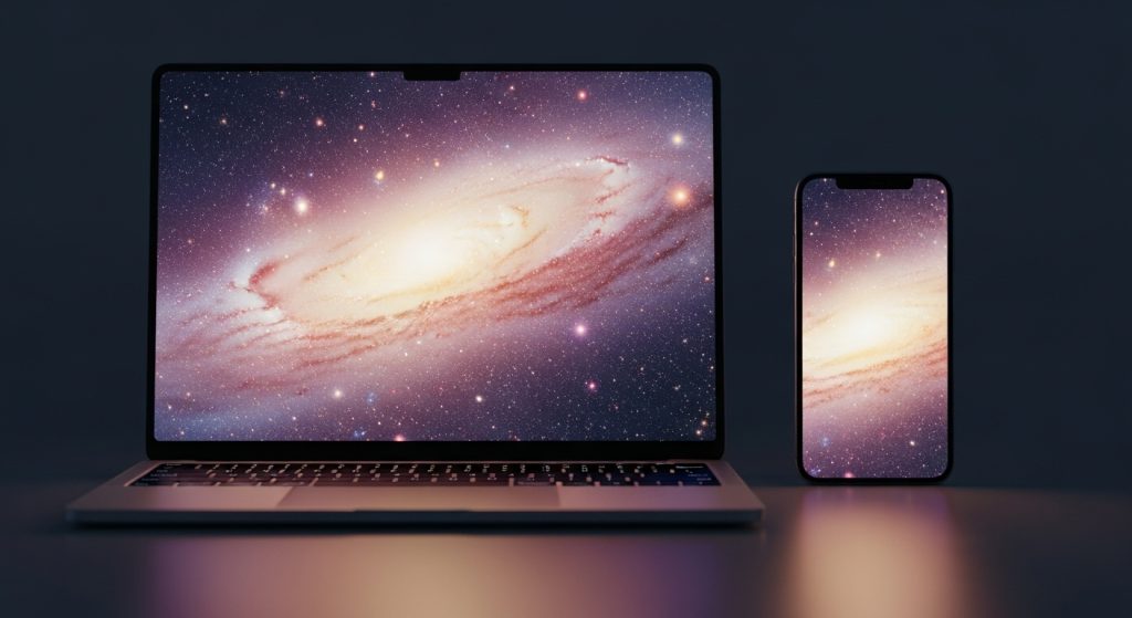 Top Aesthetic Wallpaper Ideas: Galaxy Sky with Pastel Stars 3 Laptop and phone side by side displaying pastel galaxy star wallpapers in soothing pink, cream, and purple tones.