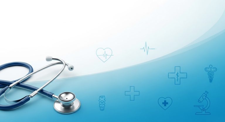 Medico aesthetic wallpaper background in HD with clean white and blue tones, stethoscope and medical icons, creating minimal and professional healthcare-inspired vibes.