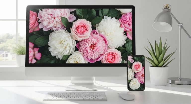 A widescreen desktop monitor and smartphone displaying an elegant floral aesthetic wallpaper background with roses and peonies in HD, styled in a bright, modern workspace with natural light.