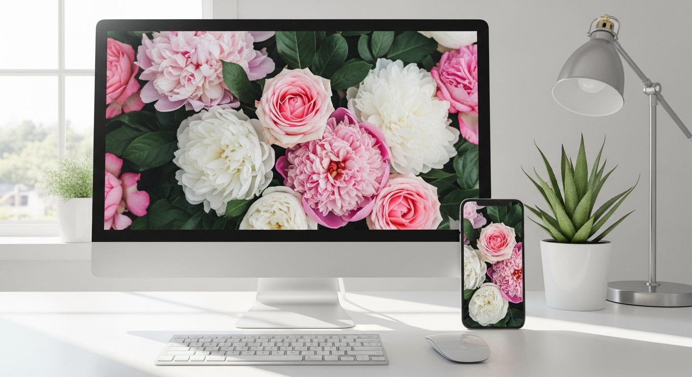 A widescreen desktop monitor and smartphone displaying an elegant floral aesthetic wallpaper background with roses and peonies in HD, styled in a bright, modern workspace with natural light.