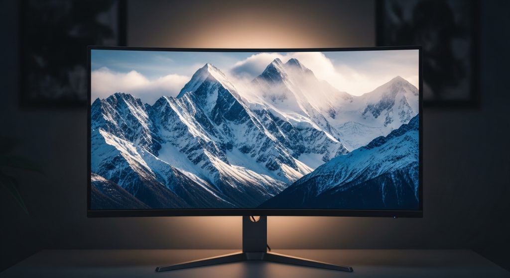 Aesthetic Wallpaper 4K for PC | Stunning Ultra HD Desktop Backgrounds 5 Snow-capped mountain wallpaper in 4K on a curved desktop monitor with soft backlighting.