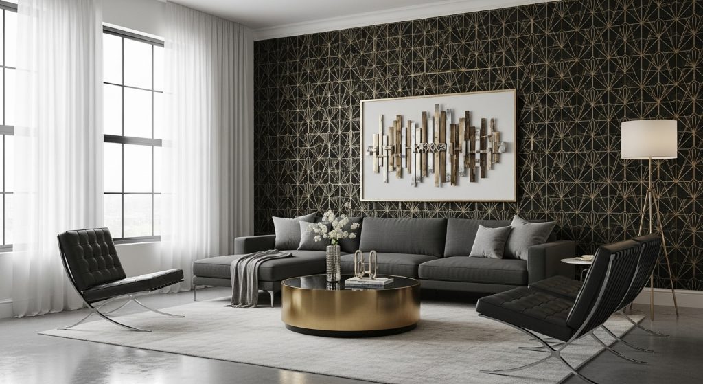 Aesthetic Wallpaper Background for Wall – Minimal & Stylish Room Decor Ideas 6 A stylish modern living room with a bold geometric wallpaper background wall in black and gold, paired with sleek furniture.
