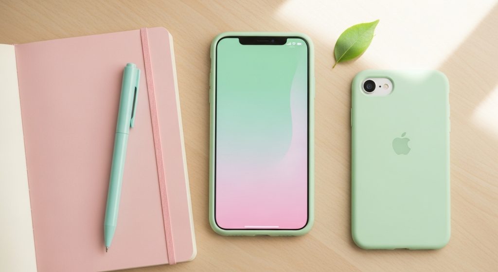 Pastel Green Aesthetic Wallpapers Calm & Minimal iPhone Backgrounds 6 A lifestyle photo of a pastel green iPhone case and matching wallpaper, placed next to a pastel-colored notebook and pen.