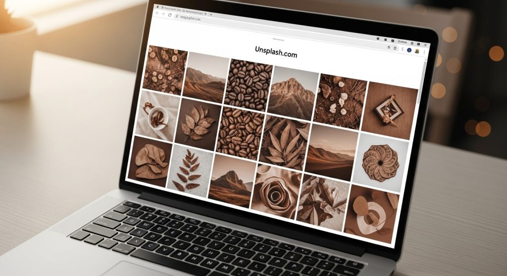 Brown Aesthetic Wallpapers for PC | Warm & Minimal Desktop Backgrounds 9 A laptop showing Unsplash website with a selection of brown-themed aesthetic wallpapers.