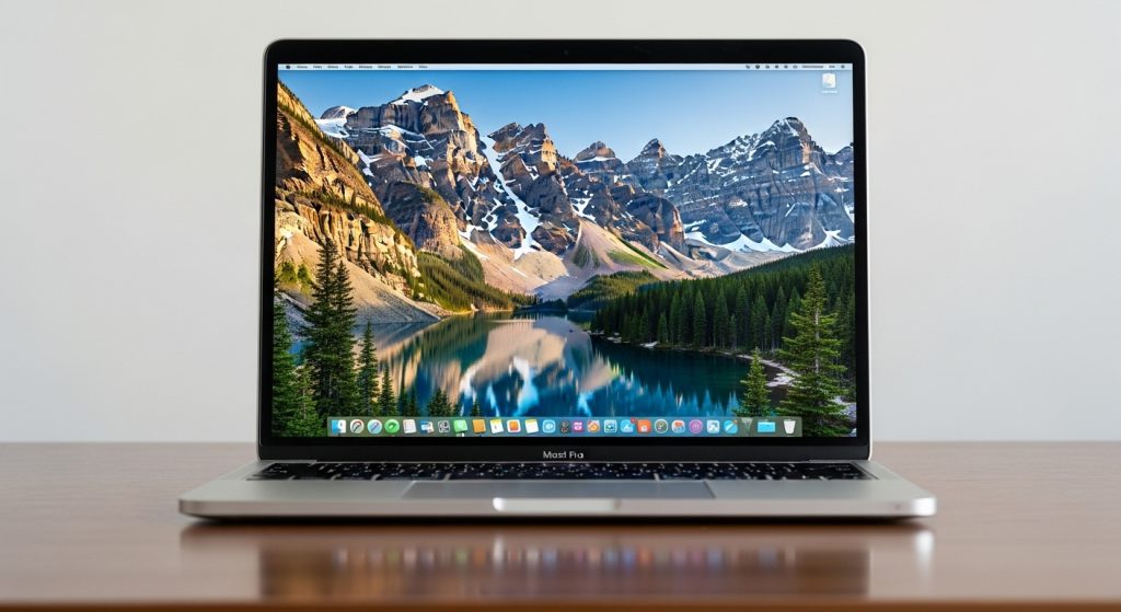 Aesthetic Wallpaper Background for Mac Minimal & HD Stylish Backdrops 7 : Mac screen with a high-resolution mountain landscape wallpaper in daylight.