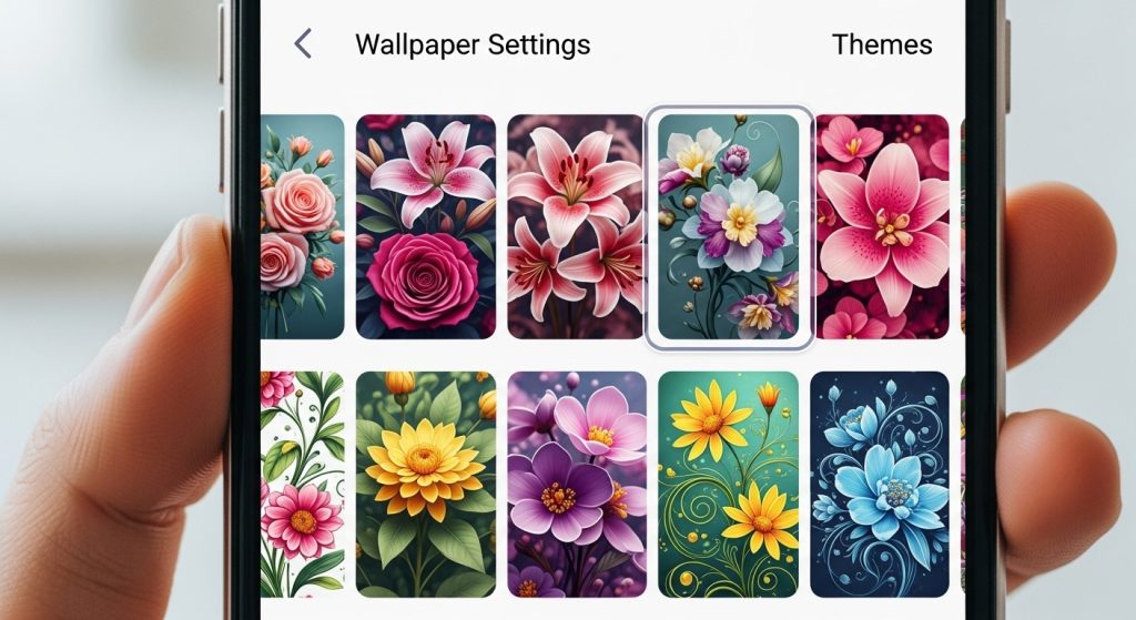 Aesthetic Flower Wallpapers Best Floral Backgrounds for iPhone & Android 13 t: A smartphone displaying multiple floral wallpaper choices from an app interface, colorful and eye-catching.