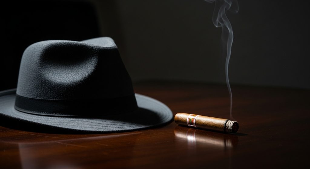 Aesthetic Wallpaper Background Mafia Dark & Powerful HD Backdrops 8 Minimal mafia wallpaper showing only a fedora hat and cigar on a dark table.