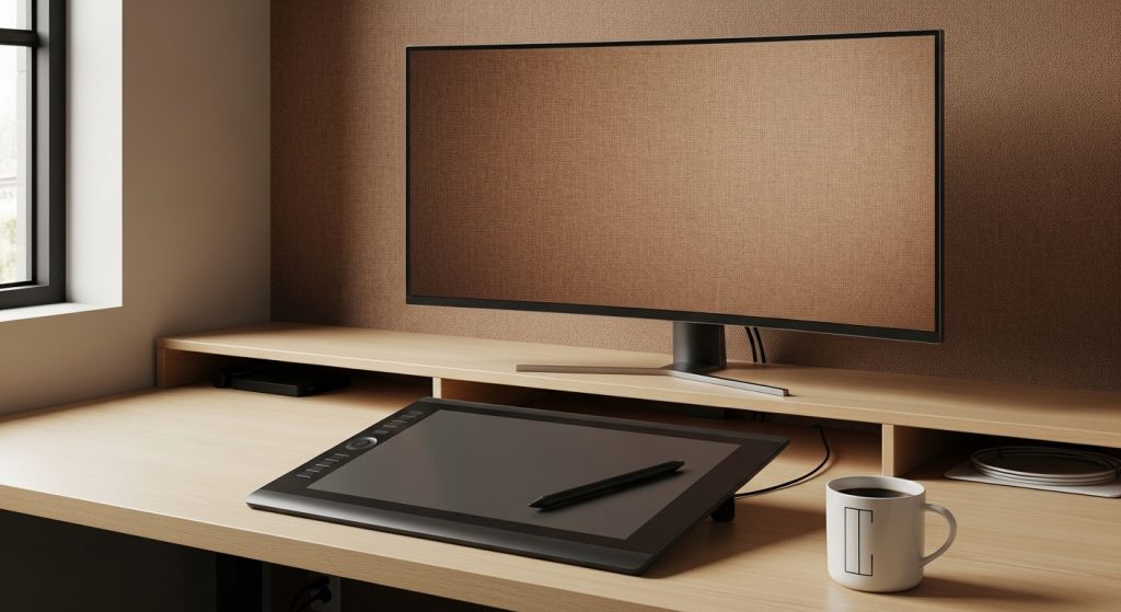 Brown Aesthetic Wallpapers for PC | Warm & Minimal Desktop Backgrounds 6 A modern studio desk with a drawing tablet, coffee mug, and a brown wallpaper displayed on a wide monitor.