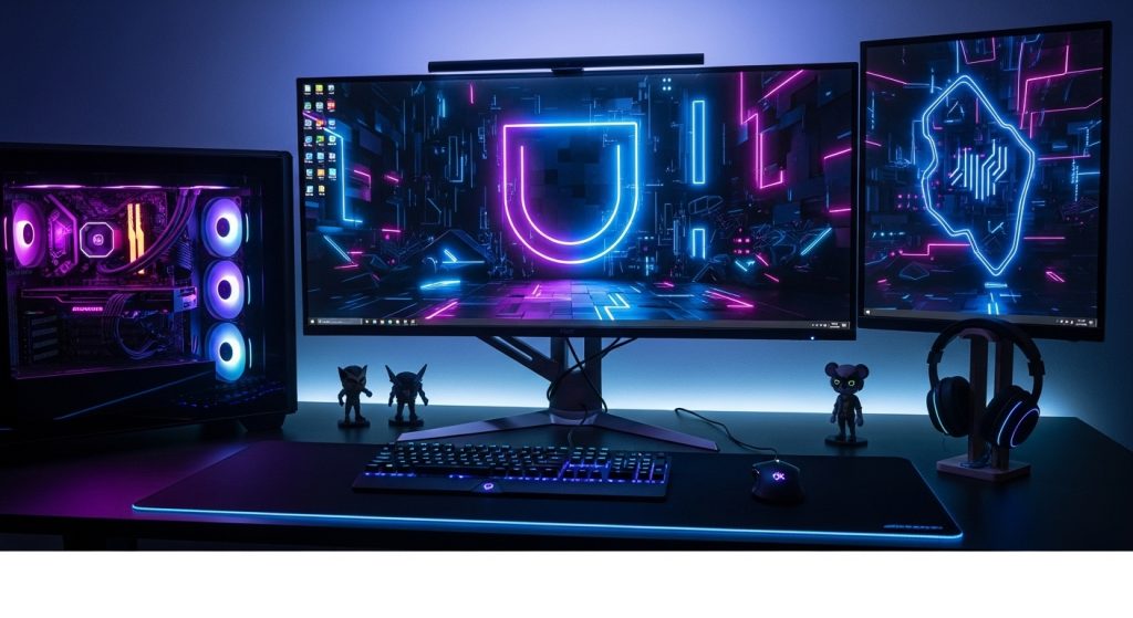 Aesthetic Wallpaper 4K for PC | Stunning Ultra HD Desktop Backgrounds 7 Gaming setup with a PC showing a dark 4K wallpaper with glowing neon accents.