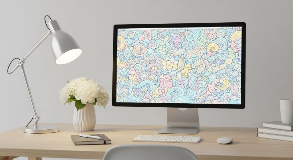 Top Aesthetic Wallpaper: Digital Notepad with Pastel Doodles 9 A clean office desk with a pastel doodle wallpaper glowing on a monitor, surrounded by minimal décor like white flowers and soft lighting.