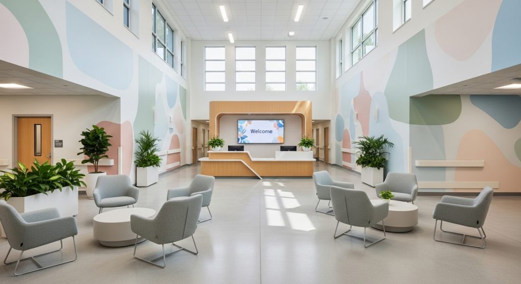 Medico Aesthetic Wallpaper Background Minimal & Professional Vibes 3 A hospital reception area with soft pastel wallpaper designs that feel modern and soothing.