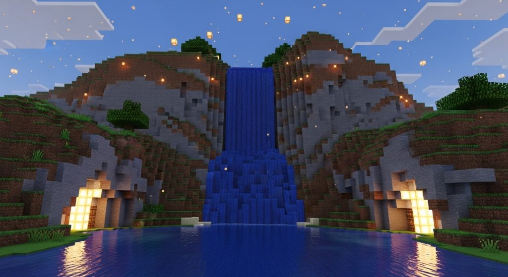 Minecraft Aesthetic Wallpaper Background Cool HD Pixel Art Backdrops 7 A vertical Minecraft wallpaper of a waterfall flowing into a pixel river with glowing cave entrances.