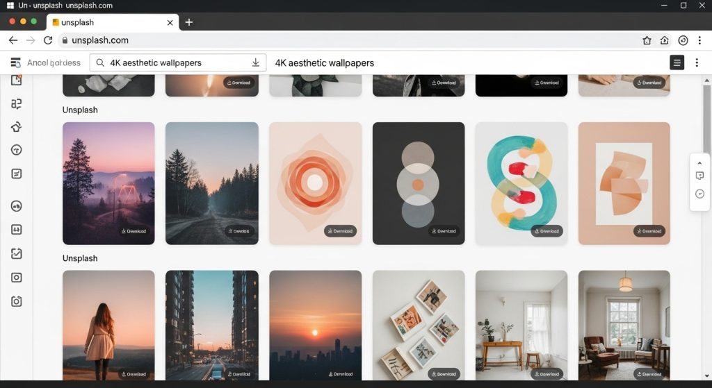 Aesthetic Wallpaper 4K for PC | Stunning Ultra HD Desktop Backgrounds 11 Screenshot mockup of a browser open on Unsplash, showing a gallery of 4K aesthetic wallpapers ready to download.