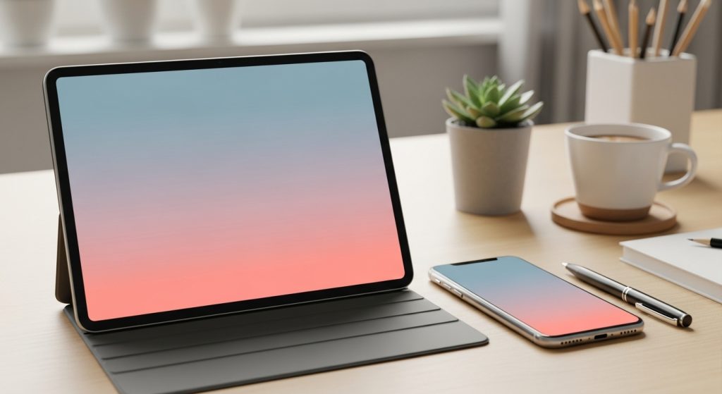 A workspace featuring a tablet and phone, both showing matching minimalist wallpapers with soft pastel gradients.