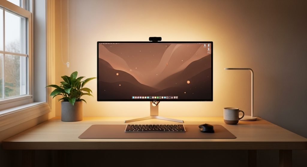 Brown Aesthetic Wallpapers for PC | Warm & Minimal Desktop Backgrounds 2 A cozy, minimal PC setup with a wooden desk and a brown-toned aesthetic wallpaper glowing softly on the monitor.