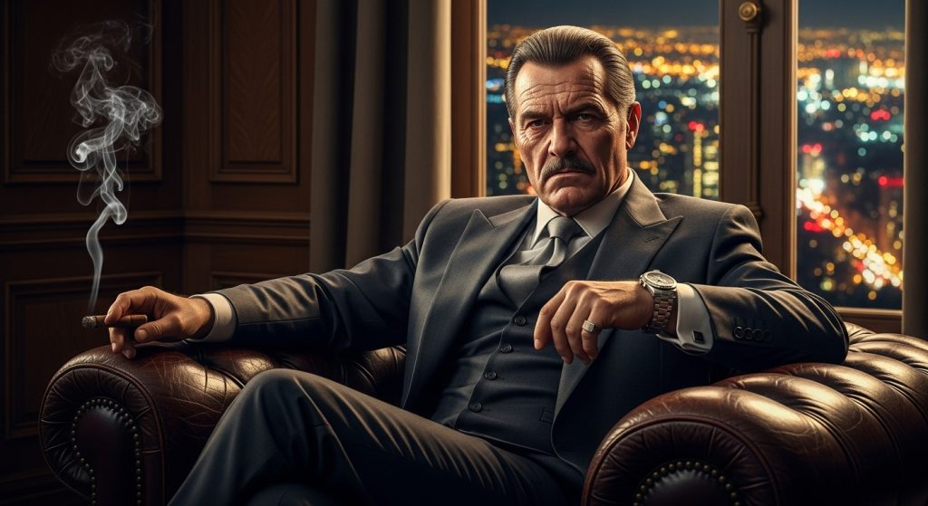 Aesthetic Wallpaper Background Mafia Dark & Powerful HD Backdrops 5 High-resolution wallpaper with a mafia boss sitting in a leather chair, luxury watch visible, with city lights in the backdrop.