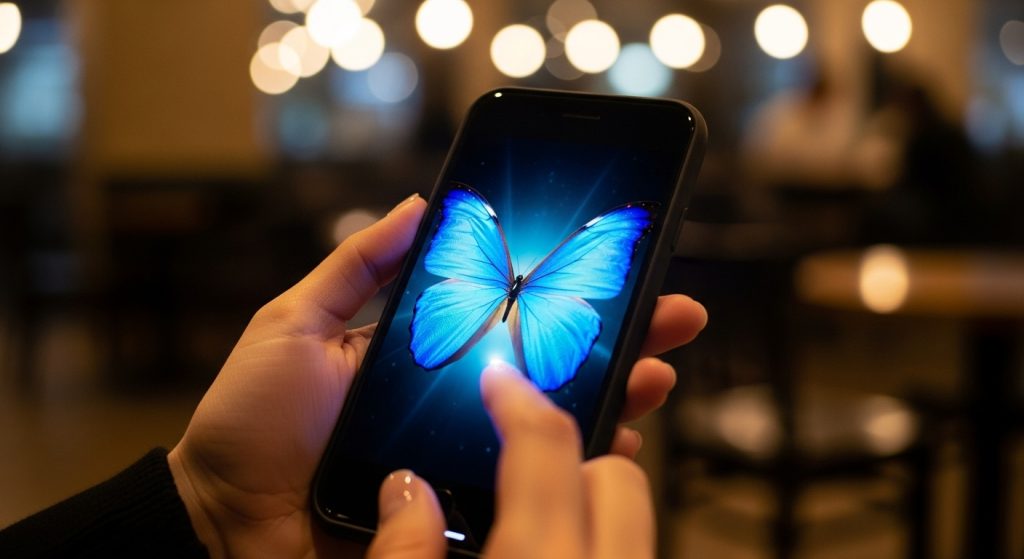 Beautiful Butterfly Aesthetic Wallpapers for iPhone Lovers 8 A close-up of a person holding an iPhone with a glowing butterfly wallpaper, blurred café background.