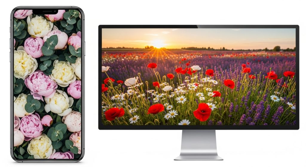 Aesthetic Wallpaper Background Floral – Elegant HD Flower Backdrops for Phone & Desktop 10 : Side-by-side preview of a vertical mobile floral wallpaper and a widescreen desktop floral wallpaper.