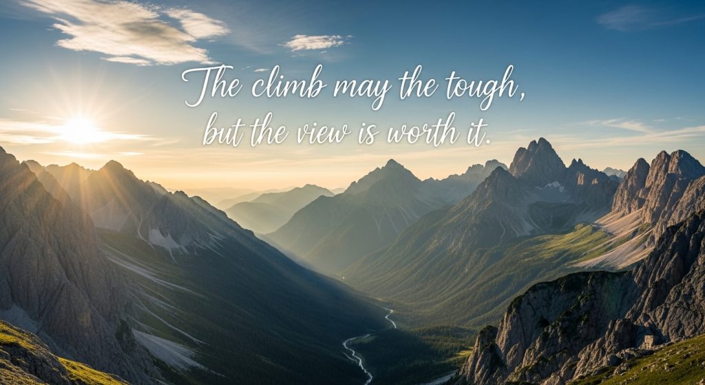  A custom-designed mountain wallpaper with a motivational quote written across the sky in elegant typography.