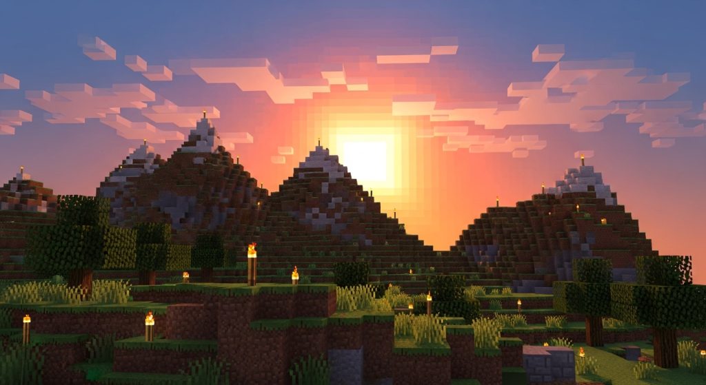 Minecraft Aesthetic Wallpaper Background Cool HD Pixel Art Backdrops 2 A vibrant Minecraft-inspired digital wallpaper with blocky mountains, glowing torches, and a pixelated sunset, styled for desktop and mobile screens.