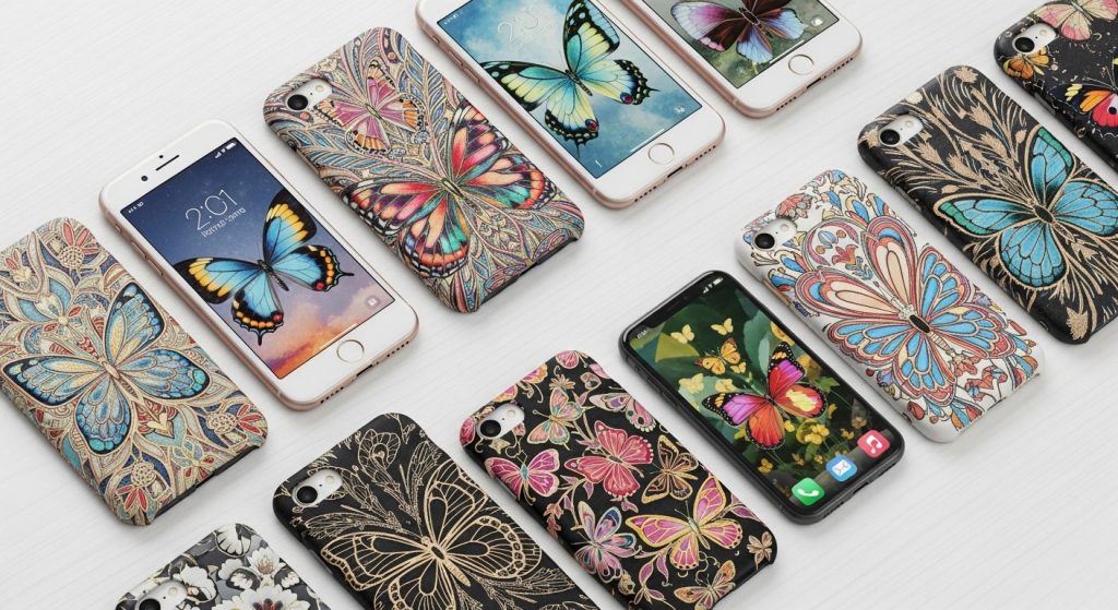 Beautiful Butterfly Aesthetic Wallpapers for iPhone Lovers 11 Flat lay of iPhones with butterfly wallpapers next to matching butterfly-themed iPhone cases.