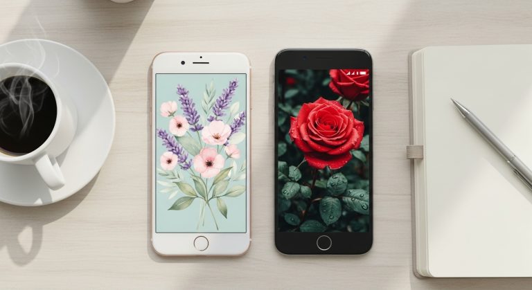 Feature image of iPhone and Android with Aesthetic Flower Wallpapers in pastel and bold floral designs, minimal and stylish setup.