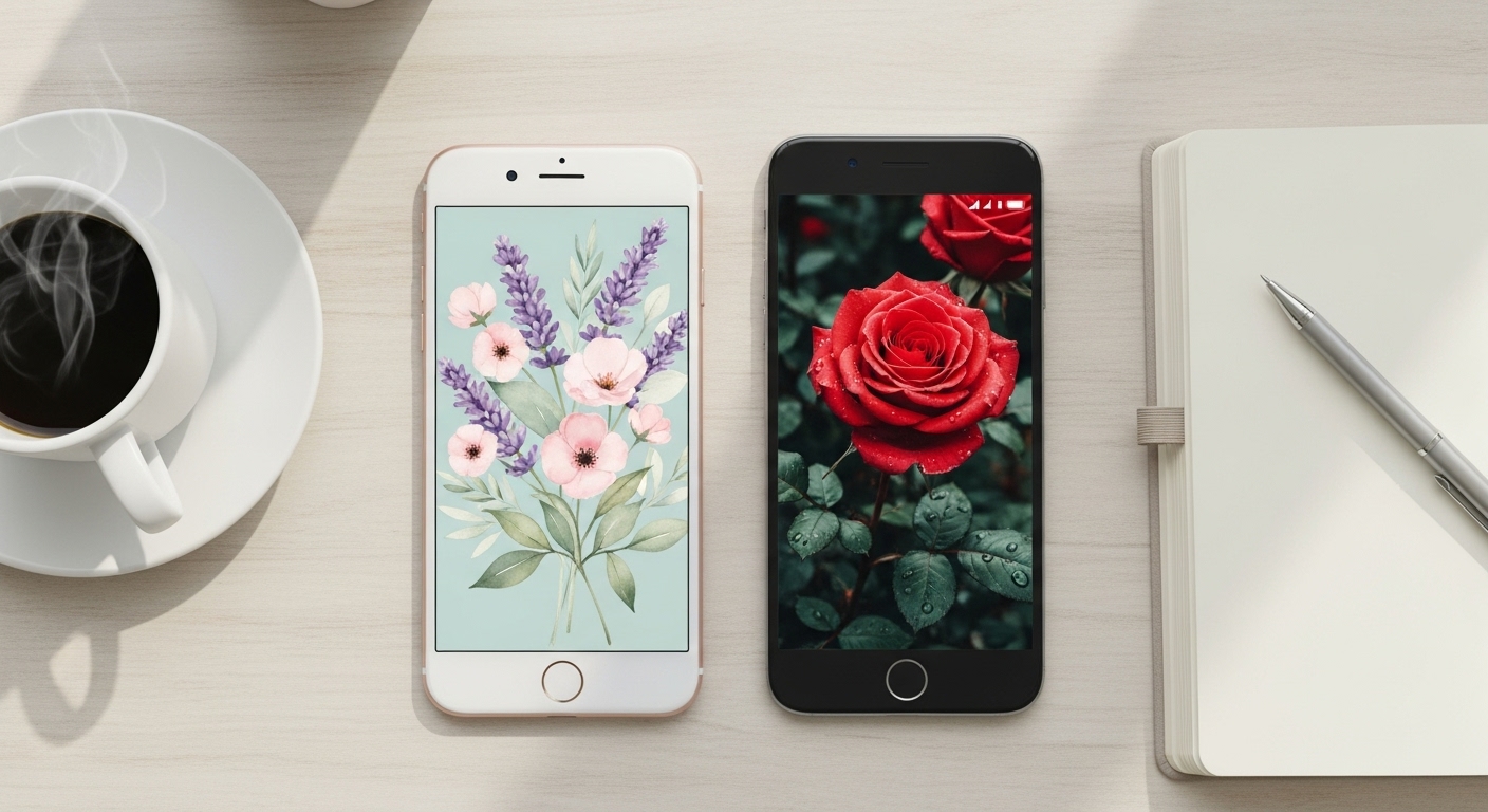 Feature image of iPhone and Android with Aesthetic Flower Wallpapers in pastel and bold floral designs, minimal and stylish setup.