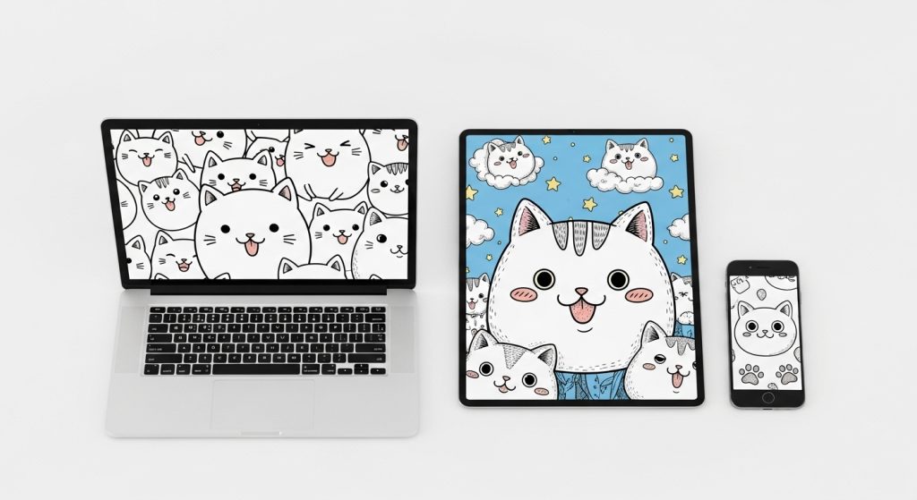 White Background with Doodle Cats: A Minimal Aesthetic for Cat Lovers 9 Laptop, tablet, and phone side by side, each with different doodle cat wallpaper variations on a white background, stylish flat lay, super realistic, 2:3 ratio.