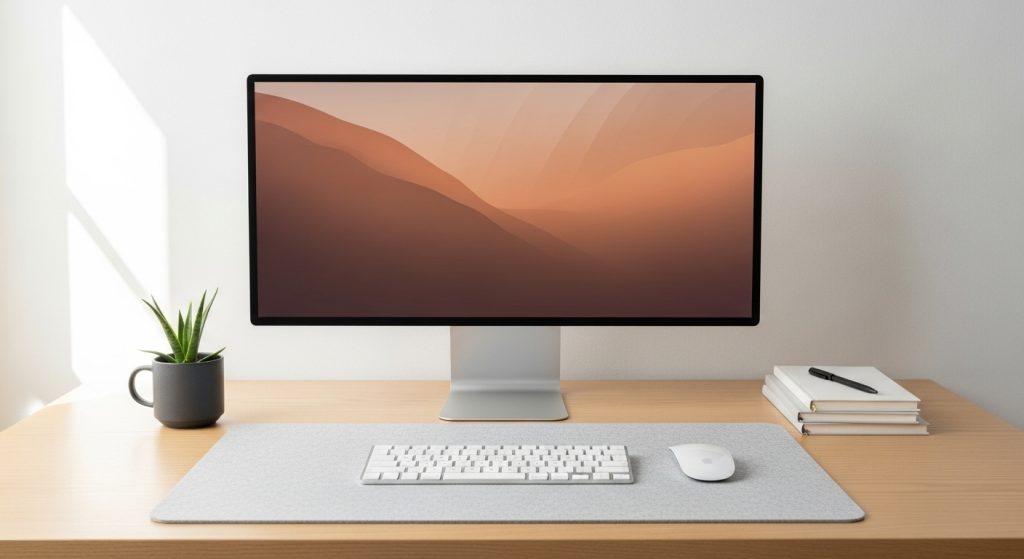 Brown Aesthetic Wallpapers for PC | Warm & Minimal Desktop Backgrounds 10 : A minimalist office desk setup with a large monitor showing a brown gradient wallpaper and tidy workspace.
