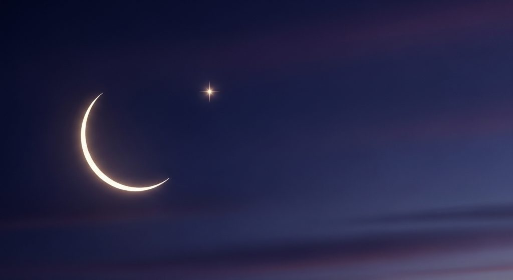 Top Islamic Aesthetic Wallpaper Backgrounds for iPhone Users 7 Minimal crescent moon and star glowing softly in a night sky wallpaper with a modern aesthetic look.”