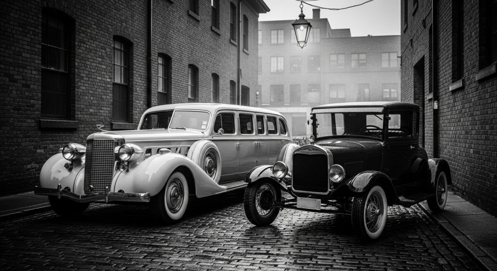 Aesthetic Wallpaper Background Mafia Dark & Powerful HD Backdrops 3 Black and white luxury mafia wallpaper with vintage cars parked in a dim-lit alley.